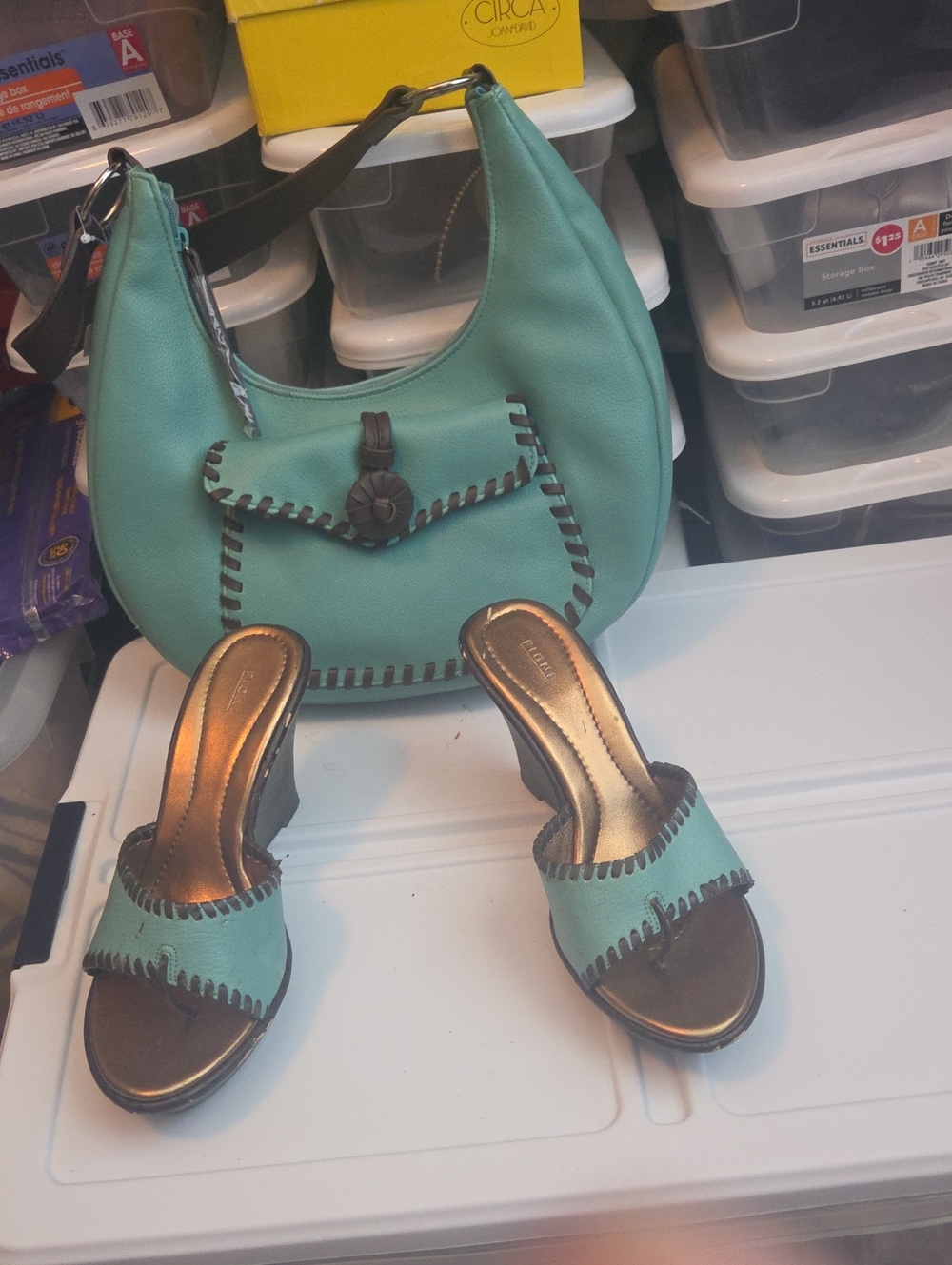 Women’s Teal Slip-On Heeled Sandals with Matching Bag